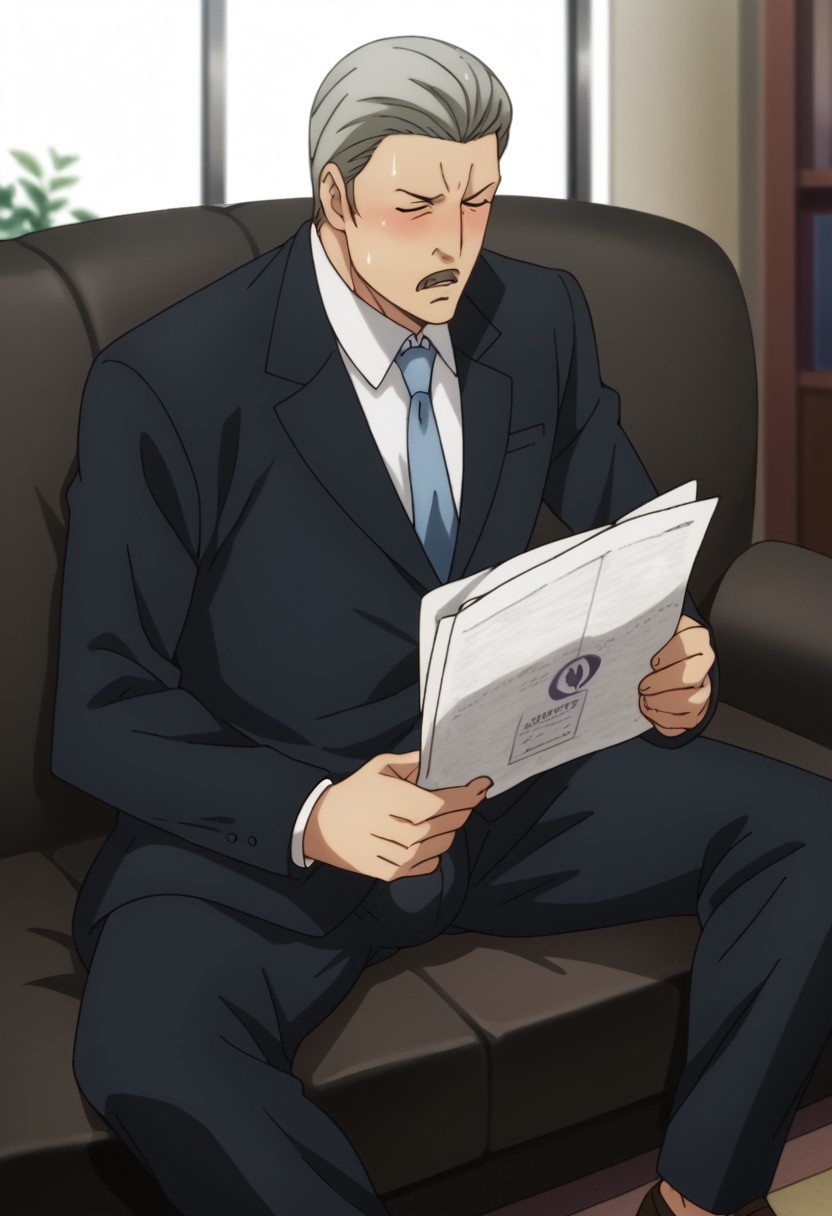 score_9, score_8_up, score_7_up, source_anime, rating_safe, brown shoes, Kuriprison, 1boy, male focus, anime screencap, mature male, closed eyes, blush, sweating, paper, formal wear, blue necktie, dark blue suit, white collared shirt, dark blue pants, bulge, sitting, legs spread, blurry office, couch, bored, this is just newspaper JUST newspaper