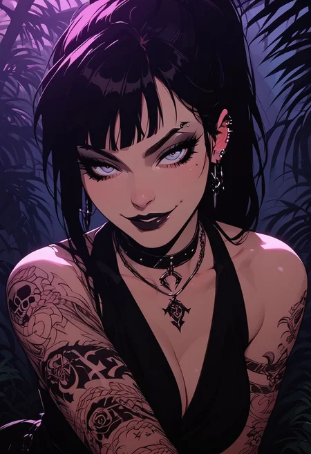 Score_9, Score8_up, Score_7_up, (((High Resolution, Best Quality))),
1girl, solo, covered in tattoos,
Goth, ponytail, pelvic curtain, choker, bracelet, necklace,
Large breasts, large ass, toned legs,
seductive pose, slutty pose,
seducing, seductive, flirty, tender, loving, smirk,
Outside, tropical beach,
Looking at viewer, Close up, Chiaroscuro Lighting Style, partially covered in shadow, ((silhouette, shadow)),
