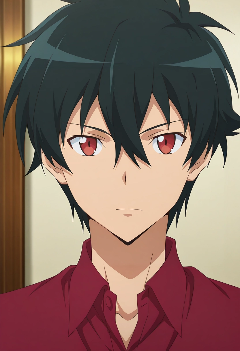 masterpiece, best quality, , anime screencap, anime coloring, official style, looking at viewer, 1boy, solo, male focus, <lora:sadao_maou_ilxl:0.98>, sadao_maou, black hair, red eyes, short hair, hair between eyes, ,