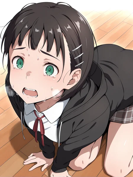 masterpiece,best quality,newest,1girl,solo,
<lora:p_suguha_v1.0:1>,p_sugu,hairclip,green eyes,
<lora:Fixhands_anime_bdsqlsz_V1:1>,simple_background,white background,looking_at_viewer,jacket with black hood,blouse,red ribbon tie,hood down,front view,yokozuwari,scared,exhausted,sweat,heavy_breathing,teardrop,streaming_tears,tears,teeth,pov,looking_up,from_above,arched_back,hand on floor,