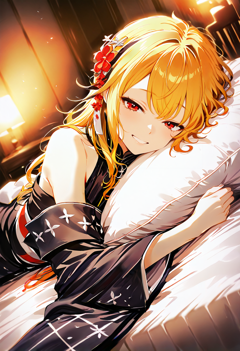 masterpiece,best quality, absurdres, anime style, CG,
cinematic lighting, natural shadow, highest detail, detailed background, intricate scenery, depth of field, insane details, intricate, subsurface scattering,
1girl, very aesthetic, dutch angle, cinematic angle,
serene atmosphere, happy smile, looking at viewer,
indoors, bed, bed room,
finely detailed face, beautiful face,
<lora:kaelaIL:1.0> kaelaIL, kaelakimono, japanese clothes, black kimono, wide sleeves, hair flower, bare shoulders, long hair,
lying on stomach, on bed, disheveled, <lora:pillow_hug_pony:1> pillo1, pillow,pillow_hug,
<lora:InkWashpainting:1.5>