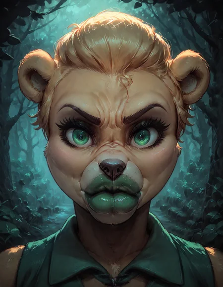 score_9_up, score_8_up, score_7_up, score_9, score_8, score_7, concept art, realistic, dark theme, low light, kusonikuyokichi, D-ART,D-ART Style, 18dart3, csr style, (huge eyes), masterpiece, expressiveh, 1girl, sunni gummi, elderly anthro, wrinkled face, senile skin, (senile wrinkles), (wrinkles), (angry eyes), angry face, blush, (frown), (disgusting face), bear, styled hair, blonde hair, green eyes, forest, looking at viewer, green lipstick, green lips, huge lips, enormous lips, bimbo lips, (closed mouth), wide cheekbones, aura, green tunic, large upper lip, small lower lip, (upper lip larger than lower lip ), <lora:cfg_scale_boost:0.75>, <lora:sdxl_enhance:0.65>, <lora:add-detail-xl:1.65>, <lora:Expressive_H:0.65>, <lora:cutesexyrobutts_style_pdxl_v3:0.55>, <lora:SunniGummi_PonyXL_v1:0.85>, <lora:fellatrix_style:0.45>, <lora:Kusoniku_Yokichi__Style_LoRA__PonyXL:0.35>, <lora:D-ART_XL-V2:0.35>, <lora:Concept Art DarkSide Style LoRA_Pony XL v6:0.8>, <lora:biglips_pony-adam-cosine-8x4-4x1-cs1:1.2>, <lora:Artist_-_Albatross:0.2>