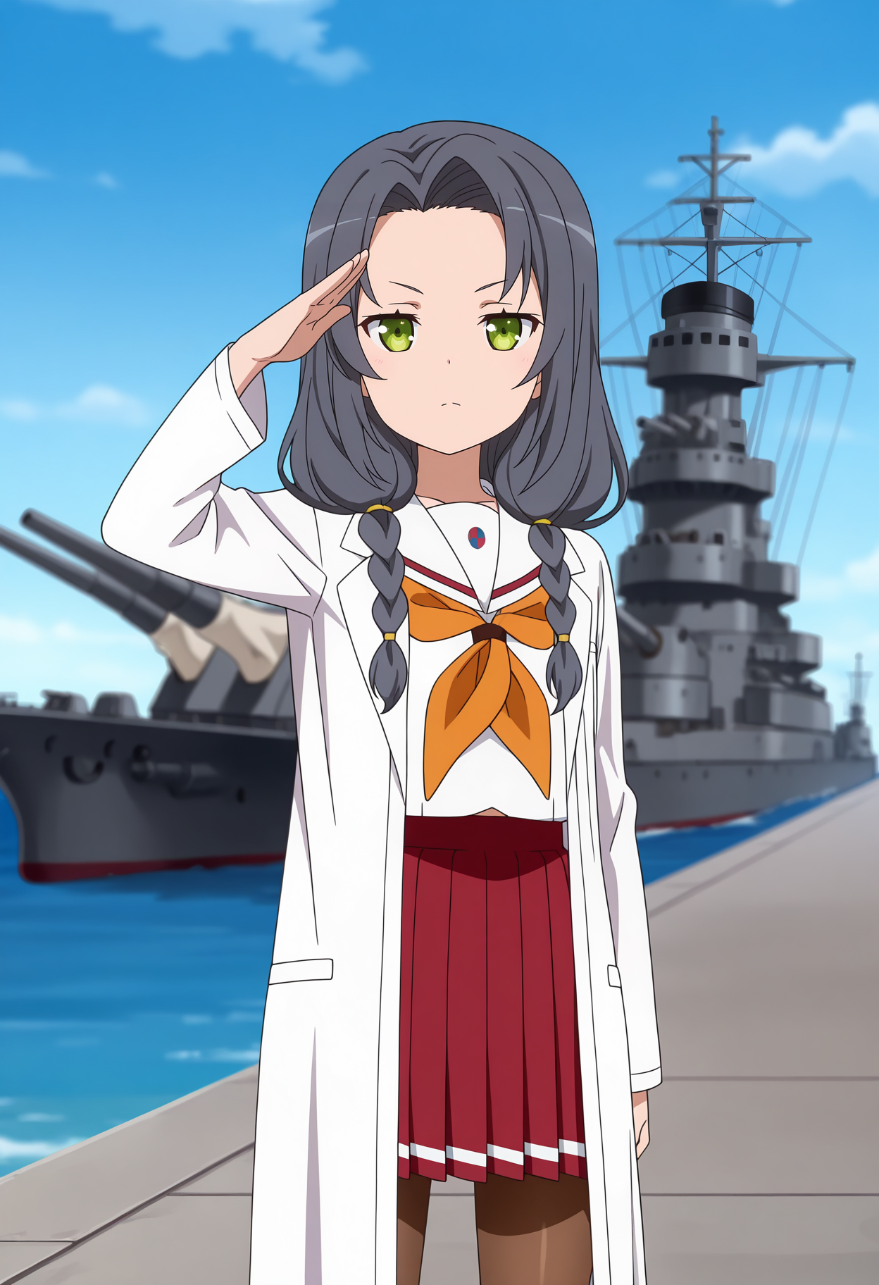 anime screencap, masterpiece, best quality,
<lora:HighSchoolFleet_KaburagiMinami_IlluXL:0.9>,
1girl, solo, serious,
twin braids, hair over shoulder, parted bangs, grey hair, green eyes,
lab coat, white sailor collar, white shirt, orange neckerchief, long sleeves, pleated skirt, red skirt, brown pantyhose,
salute, standing, looking at viewer, cowboy shot,
horizon, dock, outdoors, battleship, warship, blue sky, blurry background