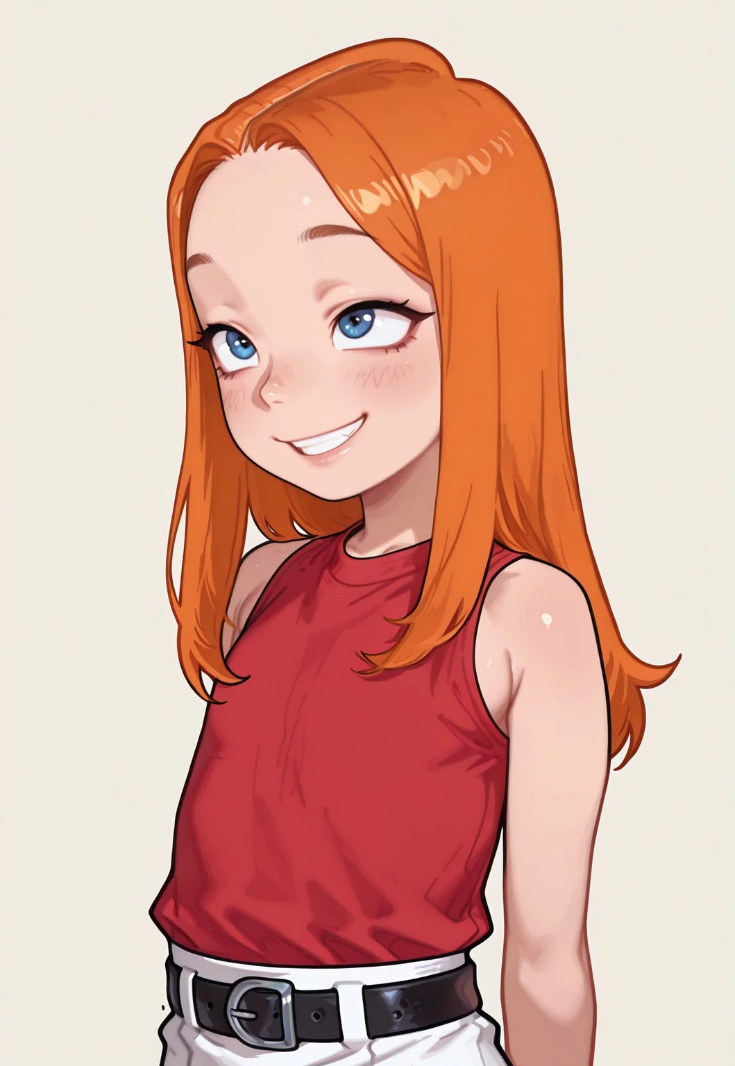 4k, fine detail, high quality eyes, masterpiece, best quality, amazing quality, geh1, 4s0r4, eigaka, possmach, artist:moriimee, 1 girl, solo girl, young, cd1, cute smile, orange hair, long hair, blue eyes, red shirt, sleeveless, skirt, belt, upper body