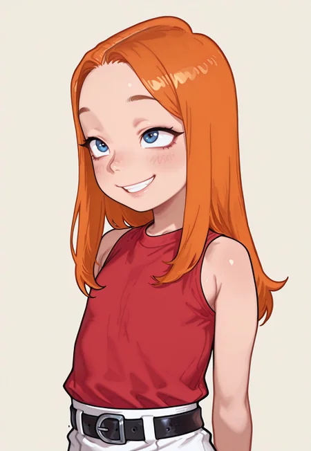 4k, fine detail, high quality eyes, masterpiece, best quality, amazing quality, geh1, 4s0r4, eigaka, possmach, artist:moriimee, 1 girl, solo girl, young, cd1, cute smile, orange hair, long hair, blue eyes, red shirt, sleeveless, skirt, belt, upper body