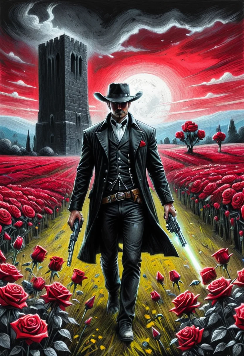 gunslinger with a glowing white pistol walking through a field of black and red roses towards a dark stone tower, cr4yon, crayon drawing, crimson skies <lora:Colorful_Crayons:0.7>