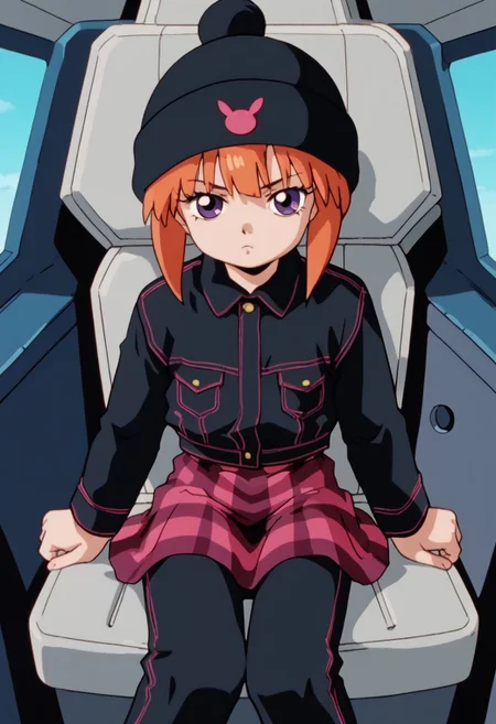 score_8, score_8_up, score_7_up, AWGXS, anime screenshot, retro artstyle,1990s (style), cel animation BREAK 1girl, female focus, solo, looking at viewer, usagi_kurokawa, beanie, black headwear, hat ornament, orange hair, bangs, short hair, sidelocks, denim jacket, black jacket, collared jacket, breast pocket, long sleeves, skirt, plaid skirt, pants under skirt, black pants, jeans, sneakers, black footwear, cockpit, sitting, standing, looking at viewer, straight-on, serious expression,