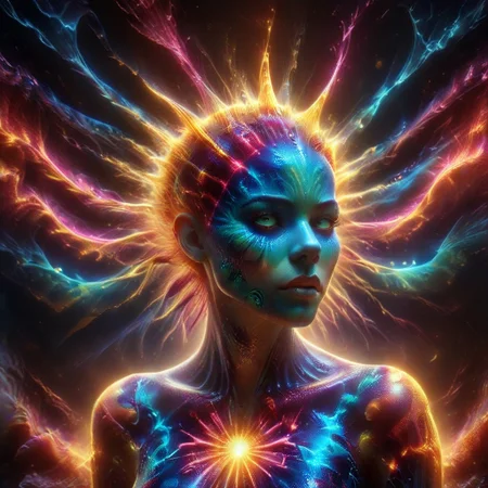 a full body fire entity girl with multicolored flames, purple and blue lights, green and blue flames, pink energy electric eyes, professional photography of an fantastical creature, young woman, shaved head Finely detailed, in a solarpunk environment, looking at viewer, solo, headwear removed, realistic, night blue sky, own hands, spooky makeup, entirely made of stars and galaxies, cyber light trails with whimsical elements, swirling magic, eerie fairytale landscape, elaborate fantasy style art, very colorful, intricate details, ultra sharp, exquisite detail, flawless composition, vivid colors, masterpiece, exciting background, psychedelicai, made out of,colorful,liquid,Murano Art Glass, GlowingInk, mad-glowtiedye, glowneon, glowing, sparks, lightning