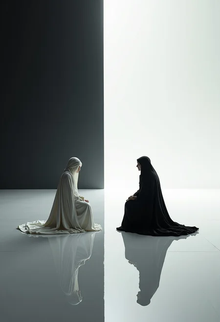 In an endless expanse where the world fractures into stark duality—white and black stretching into infinity like a cosmic chessboard—a single, slender table emerges as the axis of balance. Its surface, polished to a mirror sheen, reflects the dichotomy of the void: one half gleaming in pure, radiant white, the other swallowed by an abyssal black. Two figures sit opposite each other, their forms silhouetted against the contrasting horizons. The figure on the white side is cloaked in flowing, ivory robes, their presence serene yet commanding, exuding an aura of [order, clarity, and purpose]. Across from them, the black-clad figure is shrouded in shadow, their edges flickering like static, their demeanor enigmatic, radiating [chaos, mystery, and potential]. Between them, the table seems to hum with an unseen energy, a [nexus of opposing forces], where the very fabric of reality feels as though it could unravel or converge. The air is thick with tension, a silent dialogue of ideologies, choices, or perhaps destinies, as the endless white and black stretch onward, framing this eternal meeting of [light and shadow, creation and entropy, beginning and end]