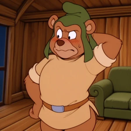 masterpiece, best quality, amazing quality, gruffi, male, furry male, anthro, solo, bear, brown fur, black eyes, tan muzzle, brown nose, paw pads, short, green hat, brown shirt, brown belt, standing, embarrassed, blush, hand behind head, 
indoors, living room