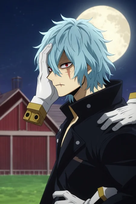 score_9, score_8_up, score_7_up, source_anime, rating_safe, intricate details, semi-realistic, looking at viewer, depth of field, 1boy, solo, male focus, <lora:tomura_shigaraki_pony:0.98>, tomura_shigaraki, blue hair, red eyes, bangs, hair between eyes, scar, scar on face, gloves, white gloves, disembodied limb, , hand on own face, profile, farm, plantation, night, full moon, hand on hip, nervous, outlaw costume, <lora:sdxl_lightning_8step_lora:1>