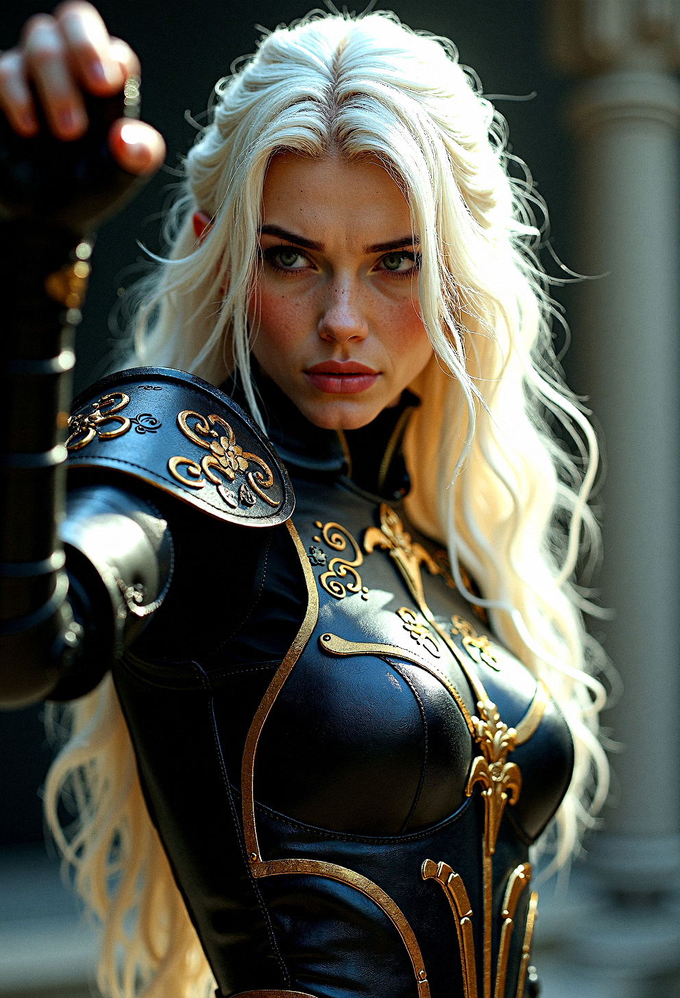 Extremely photorealistic depiction of  dark fantasy platinum blonde hair female warrior, with intricate leather armor with golden embedded finish and a powerful stance, in a realistic, atmospheric scene.
Raising a weapon above the head, ready to strike.
Realistic light scattering through the hair, adding depth.
High clarity on the figure, with a soft focus on the background.
Soft focus close-up, for a dreamy or gentle look.
8K resolution,Dynamic range,Fine detail enhancement,Ultra-high contrast,Crisp, detailed edges on all armor elements.
