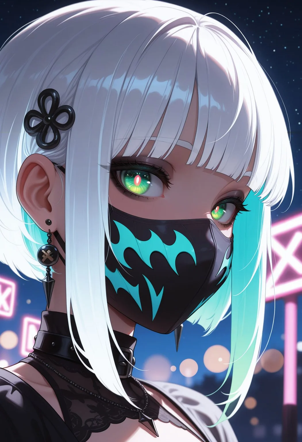 masterpiece,best quality,amazing quality, 8k, goth girl ,goth_punk, 1girl, solo, medium shot, walking in harajuku, ((night time)), bokeh, neon light, iridescent eyes, starry sky, white shimmer hair, white eyebrow, glowing hair, (iridescent white hair), earrings, bangs, jewelry, mask, blunt bangs, green eyes, mouth mask, blurry background, blurry, hair ornament, looking at viewer, short hair, portrait, sidelocks,