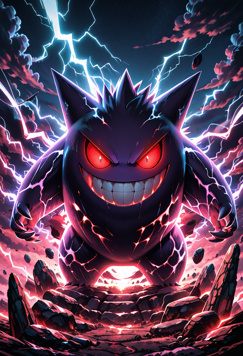 masterpiece, best quality,   zzShadowMagic, solo, smile, outdoors, sky, teeth, cloud, grin, pokemon (creature), no humans, night, cloudy sky, glowing eyes, ghost, rock, evil smile, lightning, gengar, looking at viewer, red eyes, standing, dark, evil grin  ,<lora:ShadowMagic_NAI:1.0>,