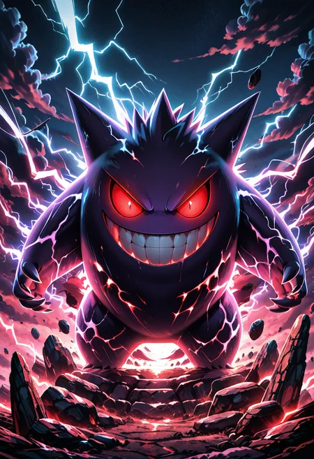 masterpiece, best quality,   zzShadowMagic, solo, smile, outdoors, sky, teeth, cloud, grin, pokemon (creature), no humans, night, cloudy sky, glowing eyes, ghost, rock, evil smile, lightning, gengar, looking at viewer, red eyes, standing, dark, evil grin  ,<lora:ShadowMagic_NAI:1.0>,