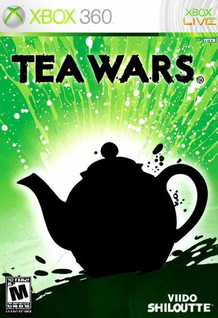 xb0xc0ver, xbox360 video game cover of Tea Wars,silhouette of teapot,splash,glowing <lora:Xbox360Cover4:1.0>