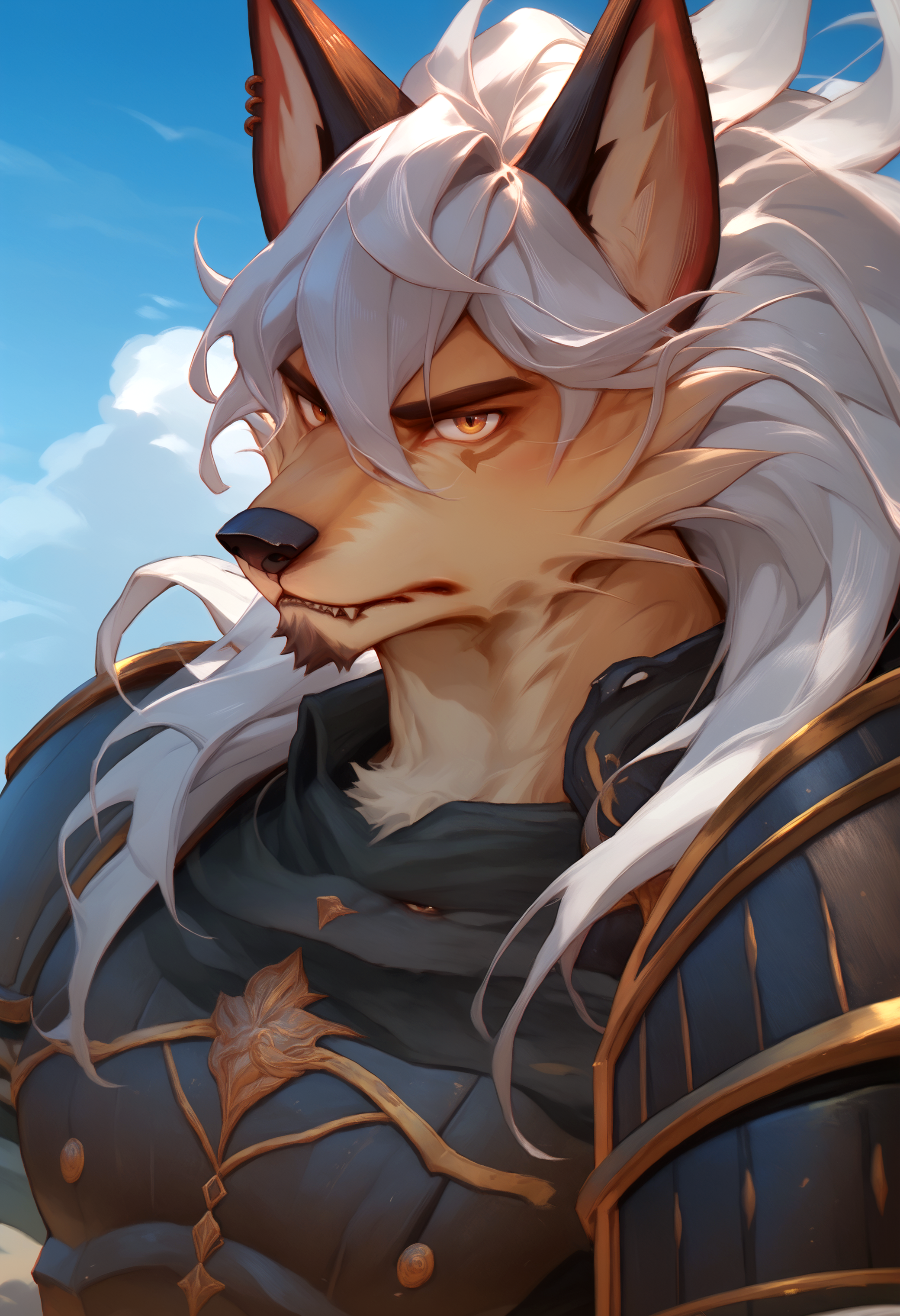 score_9, score_8_up, score_7_up, 1boy, solo, <lora:ShakirAFK_Arena-000001>, shakir, long hair, armor, furry male, fox boy, wolf ears, white hair, bara, close up, looking at viewer,  sky,