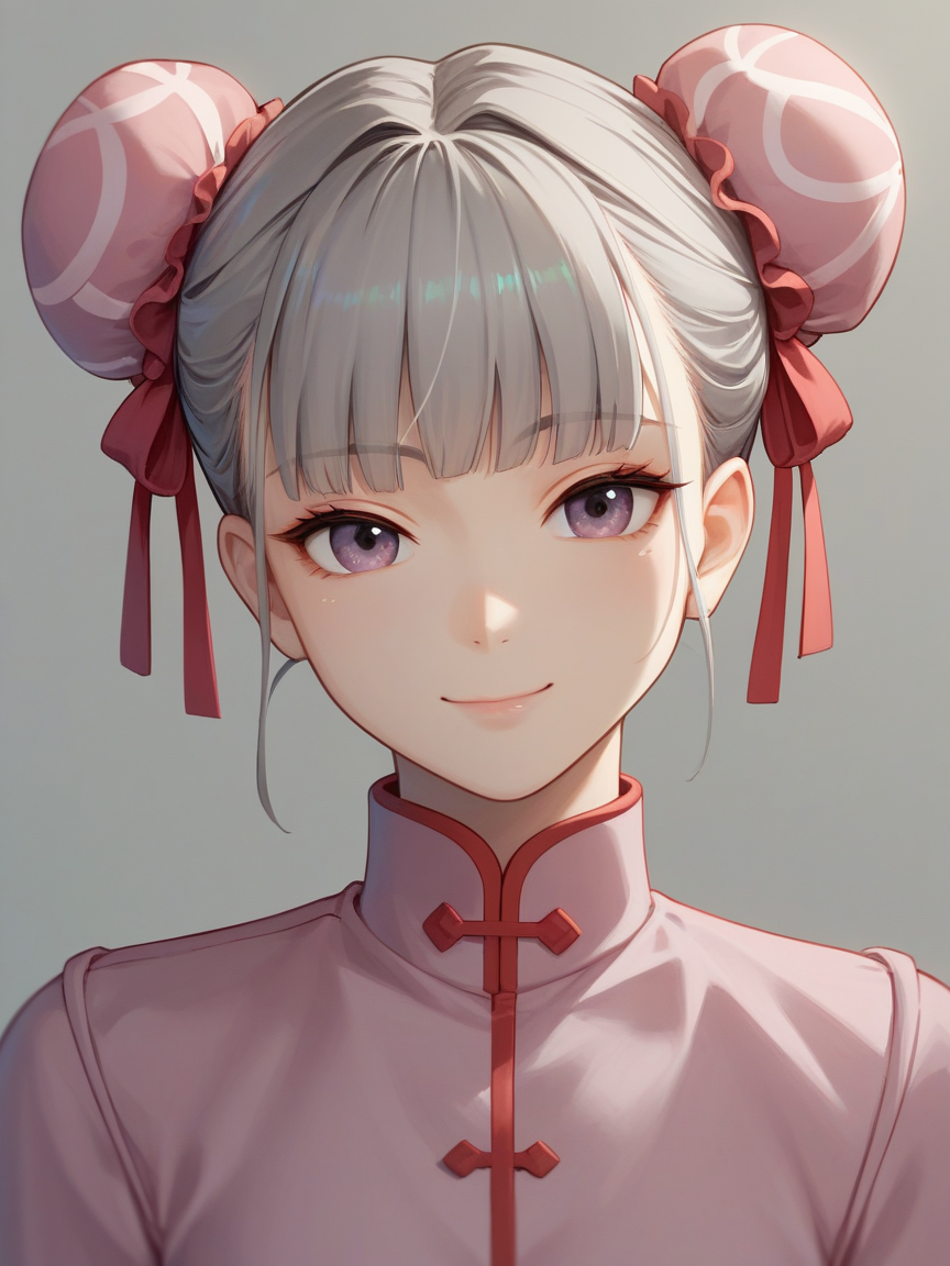 score_9, score_8_up, score_7_up, best quality, masterpiece, 4k, uncensored, perfect lighting, very aesthetic, anime BREAK
1girl, covered double buns, sweet pink bun cover, patterned bun cover,
gray hair,
simple background, face close-up, head tilt, slight smile, looking at viewer, flirty enhanched <lora:covered_double_buns-PD-1.0:1>