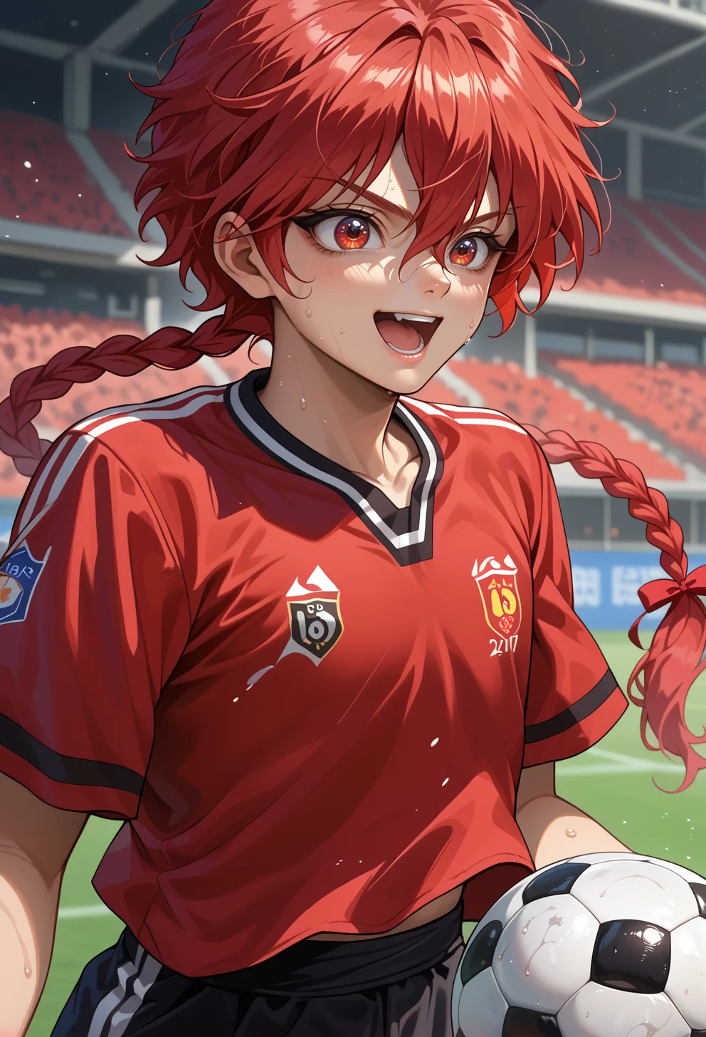 score_9, score_7_up, source_anime, BREAK (solo:1.3), <lora:AELucy:1>
AEHikaru, red eyes, red hair, hair between eyes, long hair, long braid, braided ponytail, single braid, hair ribbon, red ribbon,
soccer uniform, black shorts, red stripe, soccer ball, open mouth, smile, sweat,