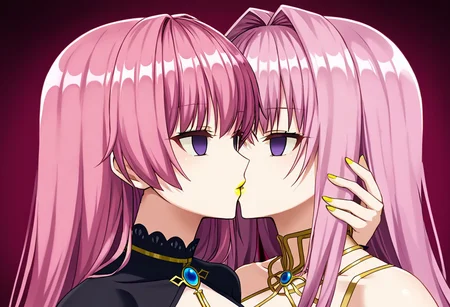 anime, females, empty eyes, hypnotized, lipstick, red lipstick, yellow lipstick, green lipstick, blue lipstick, purple lipstick, black lipstick, long hair, expressionless, purple eyes, pink hair, kissing, hand on head