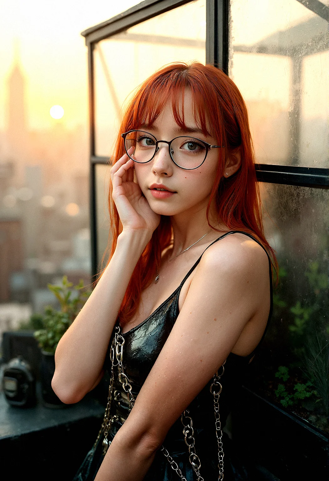 Portrait of a stunning 18-year-old woman with ginger hair, bright aqua eyes, subtle freckles, thick eyebrows, and trendy glasses giving her a nerdy appearance.A delicate chain attached to her glasses, allowing them to hang around her neck when not in use.
She is wearing a stylish, modern outfit and is shown from the waist up, striking a random pose while looking directly at the viewer.
A small, glass greenhouse filled with plants is situated on one side of the rooftop. The setting sun casts a warm glow through the glass, creating a serene, nature-meets-city atmosphere.
One hand gently cupping her cheek, with a dreamy, faraway look in her eyes.