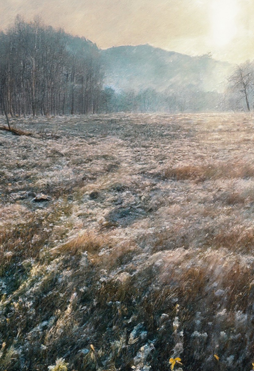 Panoramic view of a frosted meadow pasture at sunrise. Alpine landscape, with distant mountains, Low, lying, frost-covered grass dotted with pale purple blooming crocus flowers. Soft, muted tones of pale beige, light gold, purple and frosty white dominate the image. Sunrise light casts gentle golden rays, illuminating the scene with a serene and peaceful atmosphere. The light  creates soft shadows on the ground and subtle highlights on the frost. Bare winter trees line the horizon, their silhouettes standing against the soft, pastel-toned sky, transitioning from light blue to a warm peachy sunrise. A thin layer of mist hangs low over the distant hills, adding a hazy quality to the background. The overall mood is calm, serene, and tranquil, evoking a feeling of quiet beauty.  Perspective is wide-angle, offering a vast view of the landscape. The texture of the frost-covered grass is delicate and detailed.  The subtle color gradation creates a sense of depth and dimension.  Natural light, realistic rendering, soft focus, peaceful, serene, idyllic.  Sunrise, winter landscape, frost, field.