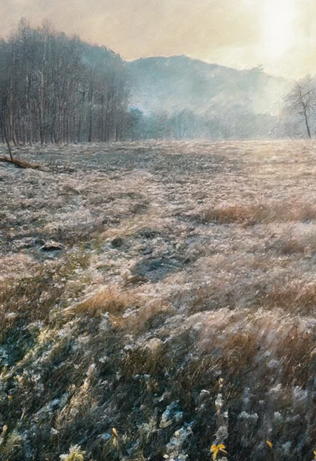 Panoramic view of a frosted meadow pasture at sunrise. Alpine landscape, with distant mountains, Low, lying, frost-covered grass dotted with pale purple blooming crocus flowers. Soft, muted tones of pale beige, light gold, purple and frosty white dominate the image. Sunrise light casts gentle golden rays, illuminating the scene with a serene and peaceful atmosphere. The light creates soft shadows on the ground and subtle highlights on the frost. Bare winter trees line the horizon, their silhouettes standing against the soft, pastel-toned sky, transitioning from light blue to a warm peachy sunrise. A thin layer of mist hangs low over the distant hills, adding a hazy quality to the background. The overall mood is calm, serene, and tranquil, evoking a feeling of quiet beauty. Perspective is wide-angle, offering a vast view of the landscape. The texture of the frost-covered grass is delicate and detailed. The subtle color gradation creates a sense of depth and dimension. Natural light, realistic rendering, soft focus, peaceful, serene, idyllic. Sunrise, winter landscape, frost, field.