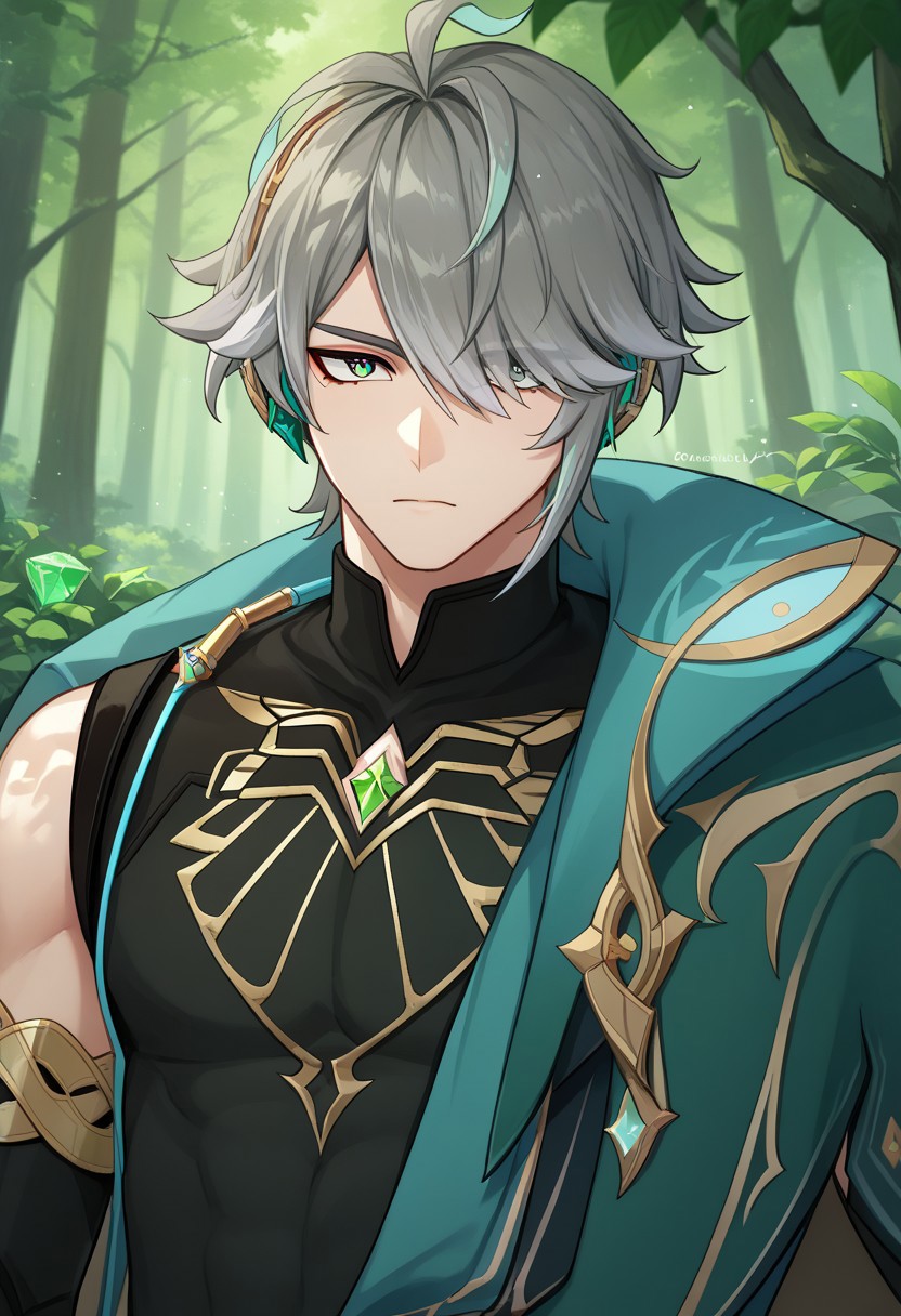score_9, score_7_up, source_anime
Alhaitham, 1boy, male focus, solo, green eyes, grey hair, streaked hair, short hair, ahoge, swept bangs, hair over one eye, eyes_visible_through_hair, headphones, shirt, black shirt, sleeveless shirt, compression shirt, jewelry, chest jewel, gem, green gemstone, gold trim, cape, green cape, vision (genshin impact), single off shoulder, elbow gloves, black gloves, partially fingerless gloves,
outdoor, forest, nature