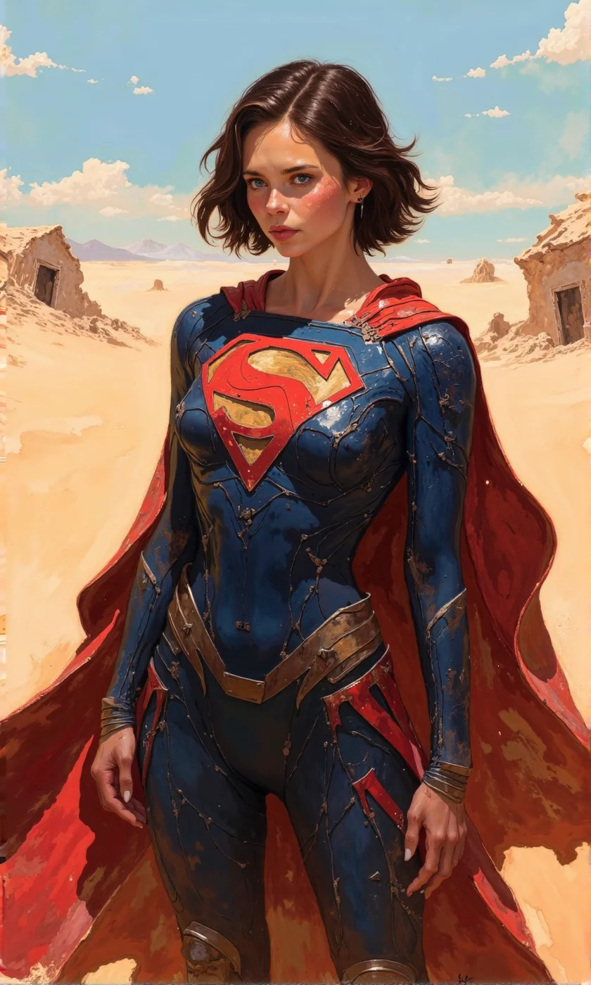 Full shot of a female figure, styled as a superhero, likely a depiction of Supergirl.
The figure is positioned in a desert landscape with tan-colored sand and low, crumbling structures in the background.
The character has short, dark brown hair and a serious expression. She wears a form-fitting, superhero-style suit in shades of red and deep blue. The red portion is a distinctive Superman-style emblem on her chest. The suit has a sculpted, almost metallic-looking texture. It appears tight-fitting and has visible panels and lines. A large, flowing, red cape drapes behind and across her back.
The background is entirely of a desert or arid environment with muted tones and a clear, mostly cloudless sky in the upper part of the image.
The lighting suggests a bright, sunny day with light shadows, making the character and details in the suit clearly visible. The overall impression is one of a digitally-created image or a highly-detailed rendering., <lora:FLUX-daubrez-DB4RZ-v2:1> DB4RZ, DB4RZ style painting