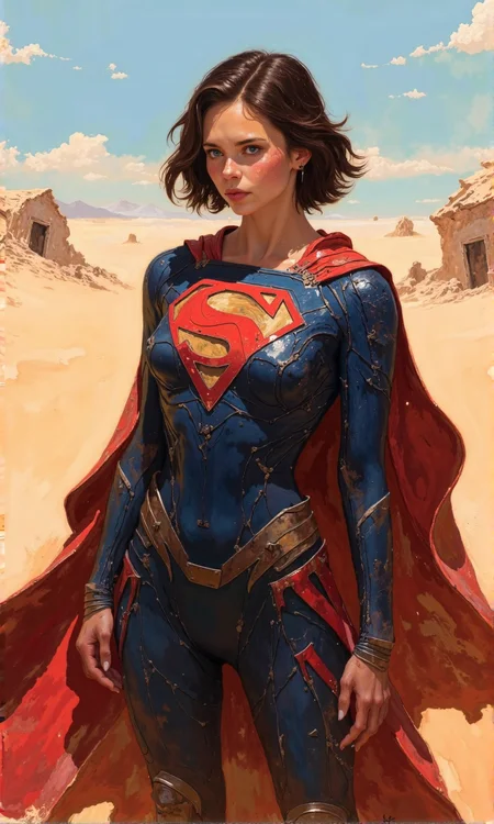 Full shot of a female figure, styled as a superhero, likely a depiction of Supergirl. 
The figure is positioned in a desert landscape with tan-colored sand and low, crumbling structures in the background. 
The character has short, dark brown hair and a serious expression. She wears a form-fitting, superhero-style suit in shades of red and deep blue. The red portion is a distinctive Superman-style emblem on her chest. The suit has a sculpted, almost metallic-looking texture.  It appears tight-fitting and has visible panels and lines. A large, flowing, red cape drapes behind and across her back. 
The background is entirely of a desert or arid environment with muted tones and a clear, mostly cloudless sky in the upper part of the image.
The lighting suggests a bright, sunny day with light shadows, making the character and details in the suit clearly visible. The overall impression is one of a digitally-created image or a highly-detailed rendering., <lora:FLUX-daubrez-DB4RZ-v2:1> DB4RZ, DB4RZ style painting