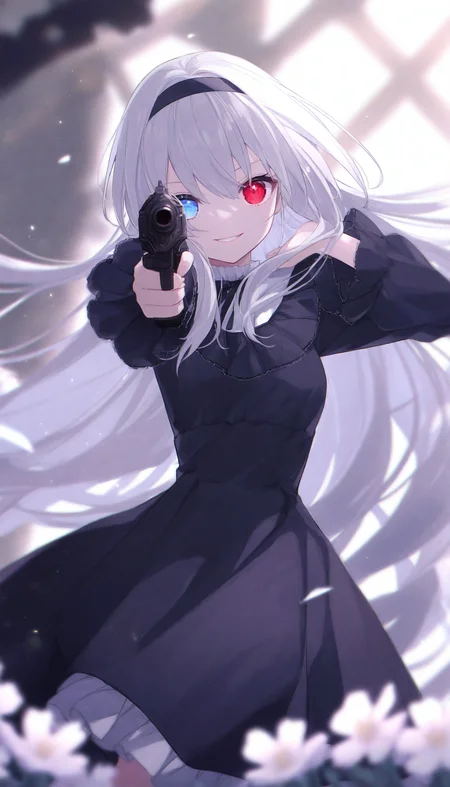 1girl, long hair, blue eyes, solo, weapon, smile, heterochromia, holding, red eyes, gun, dress, black dress, holding weapon, looking at viewer, hairband, holding gun, cowboy shot, frills, long sleeves, very long hair, grin, handgun, blurry, flower,
masterpiece,best quality,newest,absurdres,highres,very awa,<lora:sei3_noob1.1-000200:0.8>,