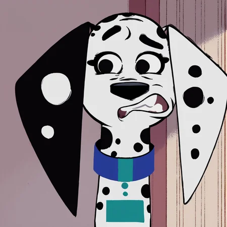 score_9, score_8_up, score_7_up, score_6_up, score_5_up, score_4_up, <lora:DelilahDalmatian:1>, delilahdalmatian, 1girl, solo, open mouth, upper body, teeth, parody, clenched teeth, dog, animal, black and white fur, collar, spots, dalmatian, dog ears, body fur
