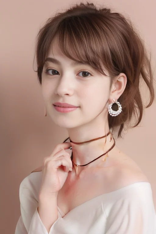 (1girl), (best quality), (masterpiece), (high resolution), (intricate details), (photorealistic), (cinematic light), <lora:short_hair:0.8>,
solo, brown hair, nape, blurry, upper body, blurry background, wavy hair, smile, realistic, looking at viewer, lips, upper body, off shoulder, shirt
white background, upper body, brown eyes, closed mouth, profile, lips, nose, portrait, earrings, parted lips, black choker, ear piercing
sleeves past wrists, simple background ,