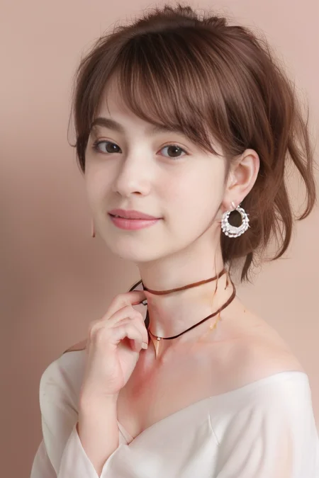 (1girl), (best quality), (masterpiece), (high resolution), (intricate details), (photorealistic), (cinematic light), <lora:short_hair:0.8>,
solo, brown hair, nape, blurry, upper body, blurry background, wavy hair, smile, realistic, looking at viewer, lips, upper body, off shoulder, shirt
white background, upper body, brown eyes, closed mouth, profile, lips, nose, portrait, earrings, parted lips, black choker, ear piercing
sleeves past wrists, simple background ,