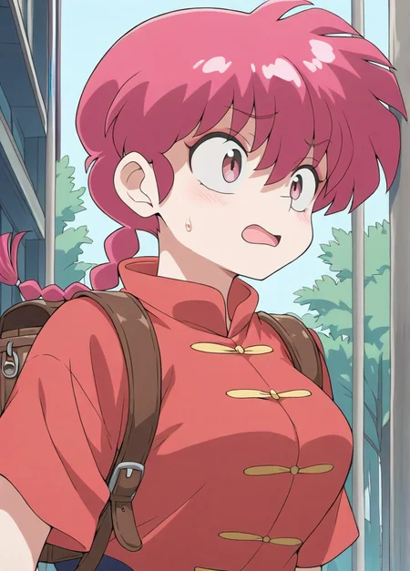 masterpiece, best quality, amazing quality, very aesthetic, absurdres, newest, detailed background, outdoors,
ranmaxd, braid, tangzhuang, red hair, breasts, 1girl, open mouth, bag, pink eyes, single braid, backpack, upper body, sweatdrop, braided ponytail, chinese clothes
<lora:Ranma_Saotome_-_Ranma_12_Remake_Illustrious:1>