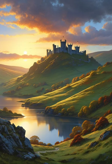 A captivating night scene illustration featuring Camelot large  hill overlooking a lake in Wales.   Camelot ancient but well maintained and updated and comfortable to live in.  Smoke rises from the chimneys.  This enchanting artwork captures a serene and peaceful early morning, where the sun is just starting to rise over the beautiful hills and Camelot  which   stands resolute amidst hills of Wales, creating a cinematic experience back to the times of King Arthur and his knights, 
 illustration, cinematic
<lora:DonM3t3rn1tyXL-v1.1:0.7>, DonM3t3rn1tyXL,
OverallDetailXL  <lora:MJ52:0.3>  <lora:SDXLFaeTastic2400:0.4>  <lora:EpicF4nta5yXL:0.7>