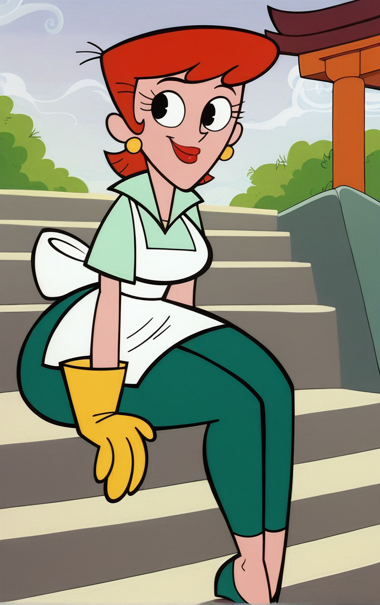 score_9, score_8_up, score_7_up, BREAK
MainOutfit_DextersMom_ownwaifu, 
1girl, aqua shirt, breasts, collared shirt, earrings, eyelashes, green leggings, narrow waist, oven mitts, red hair, red lips, short hair, thick thighs, white apron, wide hips, yellow gloves, jewelry, lipstick, makeup, apron, black eyes, short sleeves,
(sitting on stairs, dappled sunlight), summer, torii, stairs, stone lantern, sunlight, pavement, outdoors,<lora:PONYXL_MOM_DextersMom_ownwaifu:0.80>, solo,