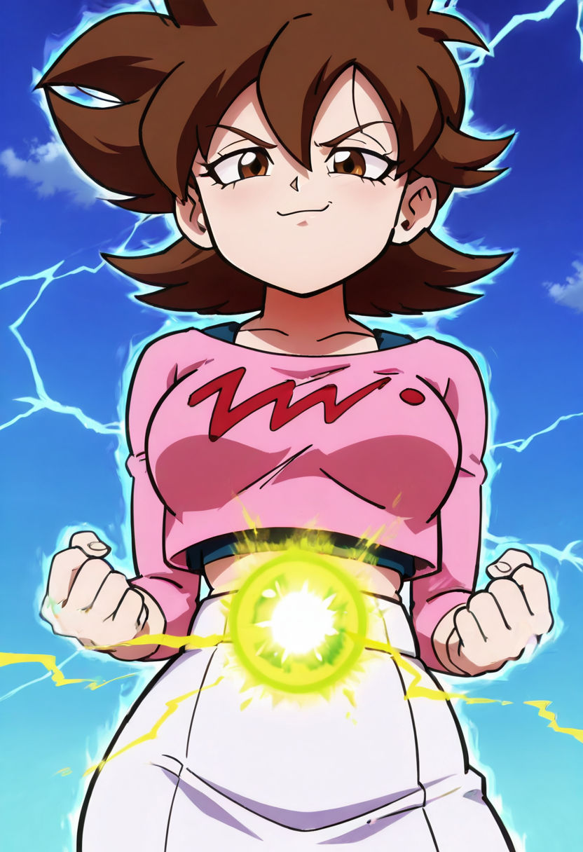 masterpiece, best quality, solo, curvy, beautiful eyes,  narrow waist, wide hips, large breasts,zzTachibana, brown eyes, hair between eyes, brown hair, flipped hair, short hair, spiked hair, pink shirt, long sleeves, white skirt, crop top, midriff,  ,       <lora:TachibanaHiromiIXL:1.0>, ,vivid aura, looking at viewer, blue background, smug, aura, super saiyan, charging energy, energy ball, energy, lightning, <lora:DBSBroly_Style_IXL_v2:0.6>,