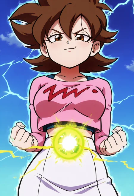 masterpiece, best quality, solo, curvy, beautiful eyes,  narrow waist, wide hips, large breasts,zzTachibana, brown eyes, hair between eyes, brown hair, flipped hair, short hair, spiked hair, pink shirt, long sleeves, white skirt, crop top, midriff,  ,       <lora:TachibanaHiromiIXL:1.0>, ,vivid aura, looking at viewer, blue background, smug, aura, super saiyan, charging energy, energy ball, energy, lightning, <lora:DBSBroly_Style_IXL_v2:0.6>,