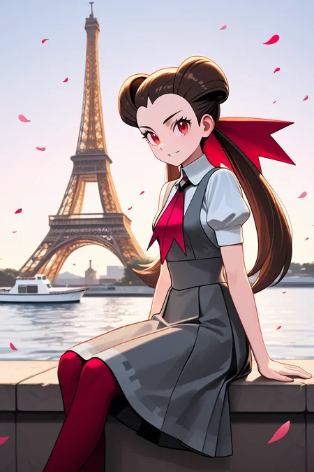 masterpiece, best quality, 1girl, solo, 21 year old model, eyelashes, (beautiful eyes), zzRoxanne, roxanne (pokemon), red eyes, long hair, brown hair, twintails, hair pulled back, pantyhose, ascot, grey dress, short sleeves, ribbon, shirt, hair ribbon, <lora:RoxannePokemonIXL:1.0>, ,,, zzEiffelTower in background, sitting, watercraft, boat, sitting on wall, side view, looking at viewer, smile,,, blooming stars, luminescent petals, otherworldly fragrance blurry background, <lora:EiffelTowerIXL_v2:1.0>,