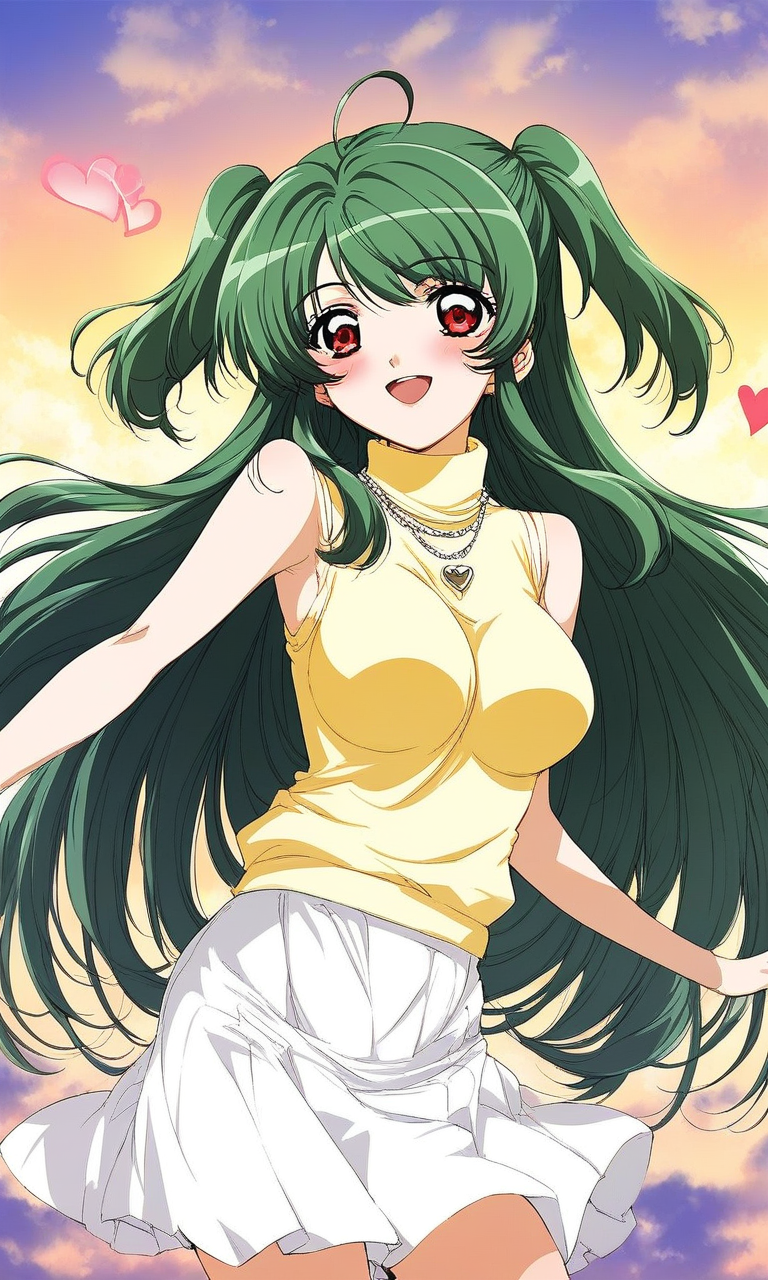 score_9, score_8_up, score_7_up, source_anime, rating_explicit, BREAK  <lora:Yoko_Inukami_XL:1> Yoko_Inukami, green hair,  very long hair, ahoge, red eyes, two side up, jewelry, necklace, breasts, 
white skirt, heart, blush, smile, open mouth, Yellow sleeveless,  sleeveless turtleneck
grassland, sky,