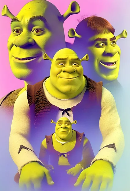 a portrait of Shrek sitting, double exposure effect, 80s portrait, Shrek1024, <lora:a80psdxl:1>