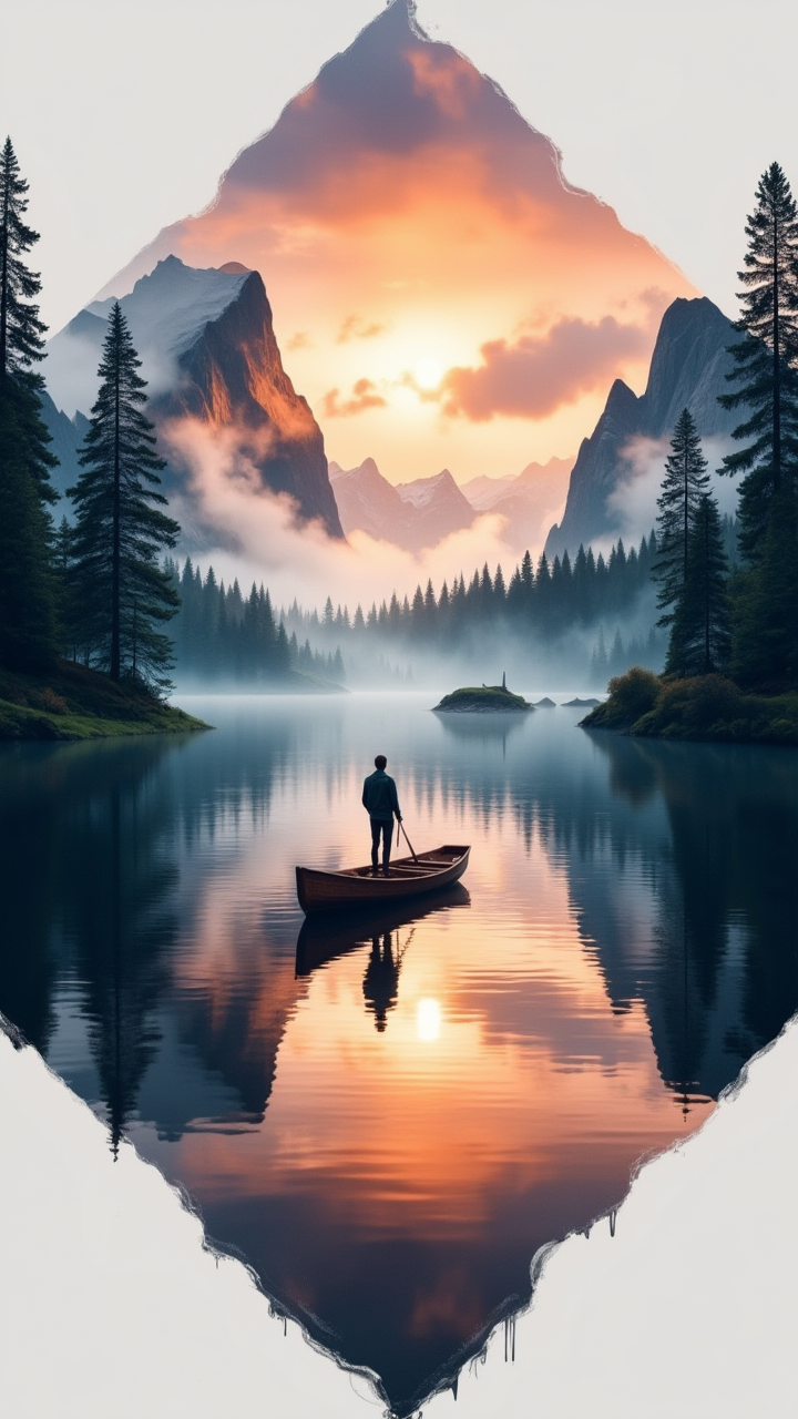 A serene and dramatic landscape featuring a lone figure standing in a wooden boat on a calm lake, surrounded by majestic mountains. The scene is framed in a diamond shape, emphasizing the symmetry and focus on the tranquil waters. The sky is painted in vibrant oranges and soft purples, reflecting the sunset's glow, while mist gently rolls over the surface of the lake. Lush evergreen trees line the shoreline, their dark greens contrasting with the warm hues of the sunset. The overall aesthetic is a blend of hyperrealistic and surreal elements, capturing the ethereal beauty of nature. Subtle textures and painterly brush strokes enhance the visual depth, creating an immersive atmosphere.  bo-exposure, double exposure,