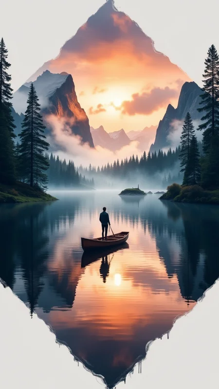 A serene and dramatic landscape featuring a lone figure standing in a wooden boat on a calm lake, surrounded by majestic mountains. The scene is framed in a diamond shape, emphasizing the symmetry and focus on the tranquil waters. The sky is painted in vibrant oranges and soft purples, reflecting the sunset's glow, while mist gently rolls over the surface of the lake. Lush evergreen trees line the shoreline, their dark greens contrasting with the warm hues of the sunset. The overall aesthetic is a blend of hyperrealistic and surreal elements, capturing the ethereal beauty of nature. Subtle textures and painterly brush strokes enhance the visual depth, creating an immersive atmosphere. bo-exposure, double exposure,
