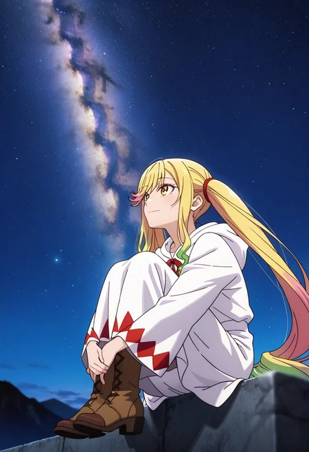 medium depth of field, rule of thirds, masterpiece-level, clean lines, sharp, focused subject, minimalistic composition, masterpiece, amazing quality, best quality, anime screencap, detailed face, detailed eyes, detailed outfit, face focus, 
general,highres, ultra-detailed,very aesthetic,best quality ,best hands, perfect anatomy,detailed,
BREAK 1girl, solo, Suzunomiya Ririsa,multicolored hair,ribbon,yellow eyes,twintails, very long hair,
white mage_cos,white mage,hood,robe,long sleeves,boots,
from front, from side, cowboy shot,
sitting, hugging own legs, knees arms support, happy, light smile, 
Looking up at the sky,
(plain, moon,
outdoors, night sky, strarry sky, milky way, scenery),