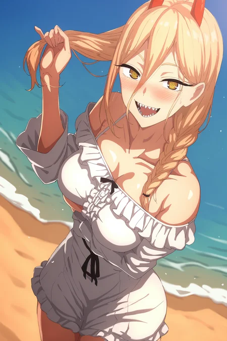 TheobrobineXL, source_anime, anime, anime screencap, anime coloring, animification, score_8_up, score_7_up, score_6_up, score_5_up, score_4_up, (deep skin, skindentation), depth of field, light particles, light dramatic, high quality, (dynamic pose, dynamic angle:1.25), highres,
thick thighs, curvy, wide hips,
power (chainsaw man), 1girl, horns, solo, dress, red horns, teeth, sharp teeth, twin braids, braid, blonde hair, long hair, cross-shaped pupils, symbol-shaped pupils, open mouth, looking at viewer, smile, sky, hair between eyes, yellow eyes, holding, white dress, blue sky, off-shoulder dress, blush, bare shoulders, off shoulder, alternate hairstyle, holding hair, demon horns, day, outdoors,  beach, from side, collarbone, cloud, twintails, frills, :d, hands up, frilled dress, upper teeth only, cowboy shot
<lora:Theobrobine_StyleXL-06:0.8>