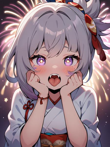 <lora:CartoonStyle_Hap_XL:1>, cartoon style,masterpiece, best quality, 1girl,solo, tongue, long hair,  tongue,  Hollow Background, haertsymbol-shaped pupils, tongue out, grey hair, puffy sleeves, open mouth, puffy short sleeves, blunt bangs, light purpleeyes, looking at viewer, upper body, long sleeves, dress, facial mark,heart, dress showing bosom,hands on own face, white dress with light purple lines,hands up, silk, teeth, star-shaped pupils, pink theme,heart-shaped pupils, fangs, bow,A white rose hair ornament tied with purple thread on only side of head,shoulders visible,Fantasy,elveslong ears, long sleeves to the wrists,A hair clip with a cross on the leftmasterpiece, ultra high res, perfecteyes, yoimiya_genshinimpact, beautiful, sexy mouth, fullbody, cinematic, fireworks background, very aesthetic, illustration, perfect composition, gorgeous lips, (looking at sky), looking at fireworks, ultra detailed, Japanese, detailed line art, intricate details, blush, cute, extremely detailed cg unity 8k wallpaper, hakama, kimono, miko, kyūdō, yumihiki, dreaming, dramatic lighting, detailed clothing,  masterpiece, highres, absurdres,