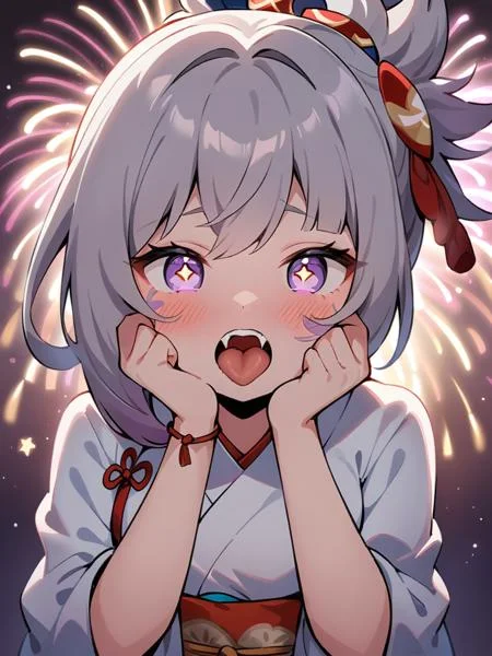 <lora:CartoonStyle_Hap_XL:1>, cartoon style,masterpiece, best quality, 1girl,solo, tongue, long hair, tongue, Hollow Background, haertsymbol-shaped pupils, tongue out, grey hair, puffy sleeves, open mouth, puffy short sleeves, blunt bangs, light purpleeyes, looking at viewer, upper body, long sleeves, dress, facial mark,heart, dress showing bosom,hands on own face, white dress with light purple lines,hands up, silk, teeth, star-shaped pupils, pink theme,heart-shaped pupils, fangs, bow,A white rose hair ornament tied with purple thread on only side of head,shoulders visible,Fantasy,elveslong ears, long sleeves to the wrists,A hair clip with a cross on the leftmasterpiece, ultra high res, perfecteyes, yoimiya_genshinimpact, beautiful, sexy mouth, fullbody, cinematic, fireworks background, very aesthetic, illustration, perfect composition, gorgeous lips, (looking at sky), looking at fireworks, ultra detailed, Japanese, detailed line art, intricate details, blush, cute, extremely detailed cg unity 8k wallpaper, hakama, kimono, miko, kyūdō, yumihiki, dreaming, dramatic lighting, detailed clothing, masterpiece, highres, absurdres,