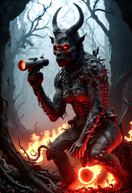 silhouette style, cinematic film still of the silhouette of an disembodied of a female demon,head, multiple eyes, horrific, with a megaphone instead of his head sitting on a branch at night, with glowing eyes, very detailed, haze lighting, backlit, 4k uhd masterpiece, blackmetal style, xerox, black and white, BadDream, UnrealisticDream, Doomguy, soviet poster, femalebonedemon