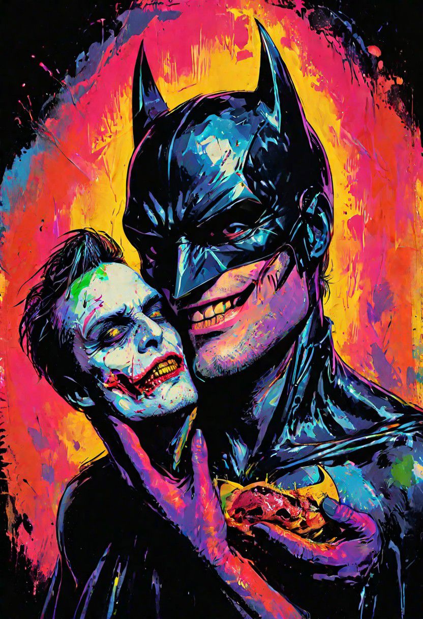 impactful color paint of batman holding the Jokers severed head, highly detailed, vibrant colors , sharp, professional, clear, high contrast, high saturated, , vivid deep blacks, crystal clear <lora:Bold_Pop:0.8>